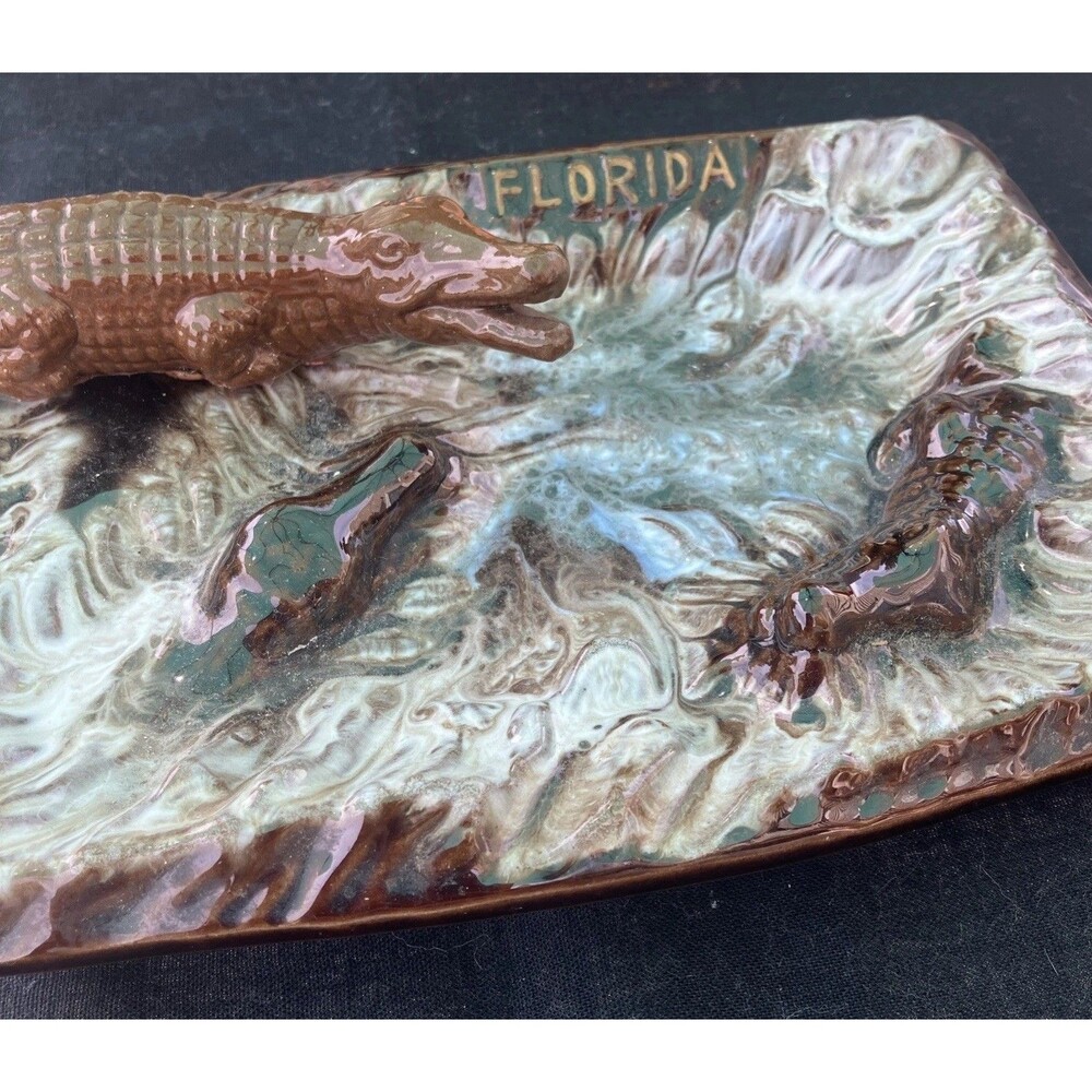 VTG Kenmar Japan Ashtray Florida Removable Alligator Drip Glaze Ceramic Souvenir
